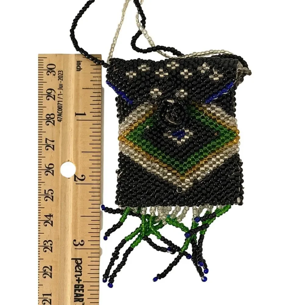 Vintage Beaded Medicine Bag Necklace Seed Bead Coin Pouch Boho Festival 36”